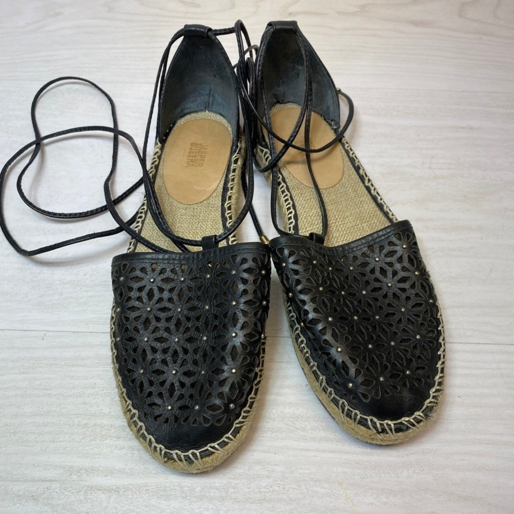 Jasper & Jeera Womens 7B Espadrilles Lace Up Black Leather Laser Cut Studs Boho